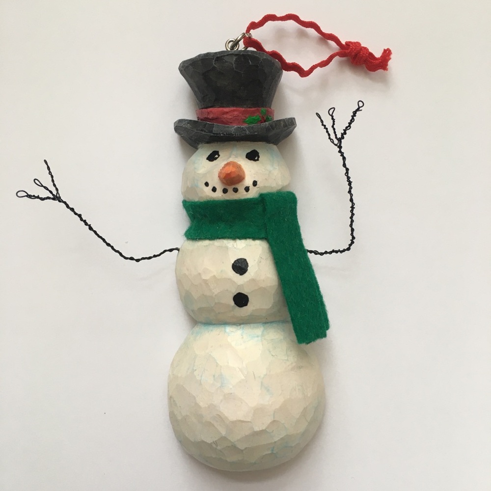 Hand Carved Wooden Snowman Ornament with Green Felt Scarf